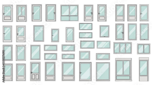 Collection of assorted window frames and panes in various sizes and shapes displayed