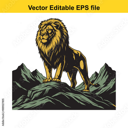  a majestic lion standing on a mountain peak in a vector illustration