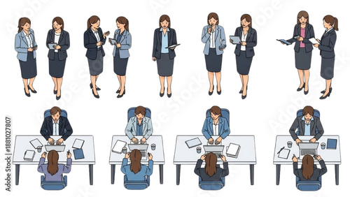 Business professionals in various roles and office settings illustrated in a modern style from different viewpoints