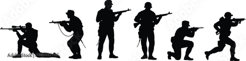 Soldier silhouettes, tactical stances, armed forces, combat poses, rifle icons, black vector illustration, military readiness, defense concept, action design
