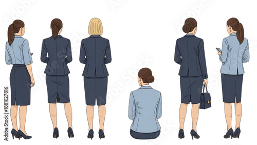 Group of business professionals standing and sitting in formal attire from a rear view