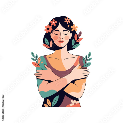 The woman hugs herself with flowers in her hair and leaves on her arms.