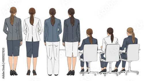 Diverse group of business professionals in various attire standing and sitting in a meeting environment from behind viewpoint