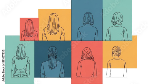 Diverse Women Illustrated in Various Colors and Textures from Behind in a Collage Style
