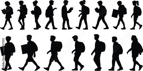 Student silhouettes, walking people, backpack icons, school commute, black vector illustration, education concept, daily routine, youth movement, posture diversity
