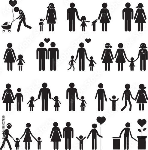 Diverse family relationships and love connections in modern stick figure illustrations
