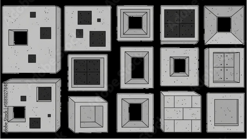 Collection of abstract geometric shapes with varying square designs and layouts displayed on a grid