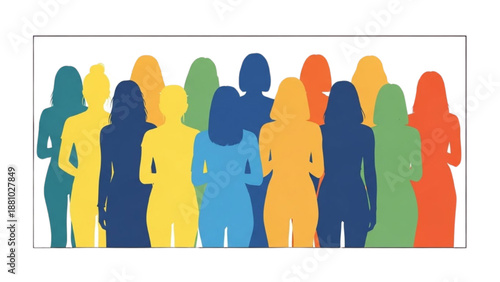 Diverse group of women standing together in a vibrant colorful arrangement