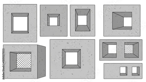 Collection of concrete blocks with square openings displayed from various viewpoints and angles in a detailed illustration