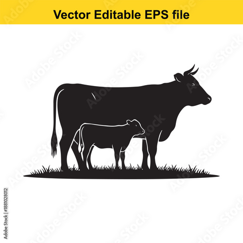  black silhouette of cow and calf standing on grass