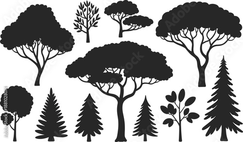 Tree silhouettes, forest icons, botanical shapes, foliage diversity, black vector illustration, nature design, landscape elements, species variety, branching patterns