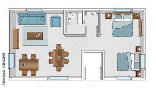 Detailed floor plan of a modern apartment with furniture and fixtures illustrated from a top-down viewpoint
