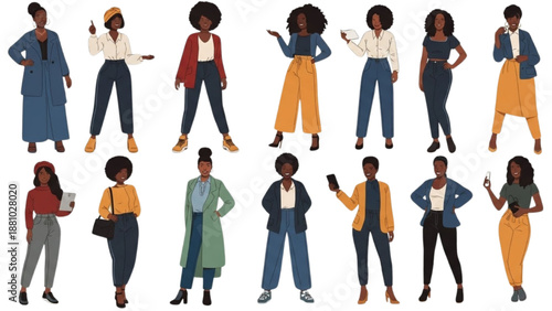 Diverse women in various poses and outfits standing together in a collage of illustrations