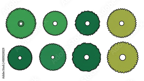 Collection of various green circular saw blades arranged in two rows on a surface from a top-down viewpoint