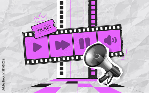 Vector template for movie viewing, notifications and ticket purchase. Cinema composition with movie player controls, ticket and megaphone in halftone style.