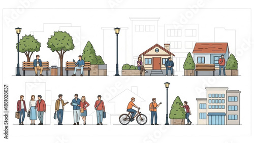 Community members interacting in a vibrant neighborhood scene with houses, trees, and streetlights from a frontal viewpoint