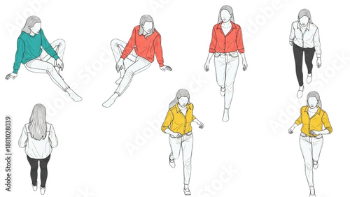 Illustrations of women in various poses and outfits showcasing fashion and lifestyle