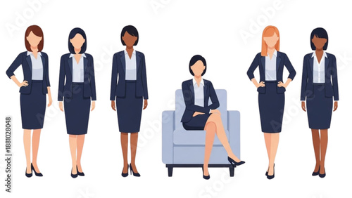 Group of diverse business women standing and sitting in professional attire