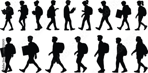 Walking silhouettes, student icons, backpack figures, book carriers, school commute, black vector illustration, posture diversity, education concept, youth movement, urban lifestyle
