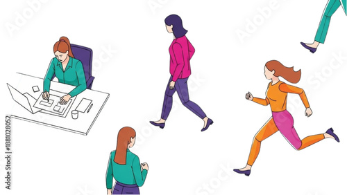 Women engaging in various activities like running and working at a desk in a modern lifestyle setting viewed from above