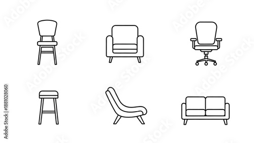 Collection of various furniture illustrations including chairs and sofas displayed from different viewpoints