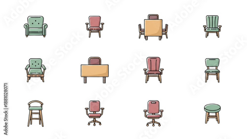 Assorted furniture pieces displayed in a grid pattern on a plain background from various viewpoints.