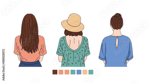 Three women standing together, showcasing various tops and hairstyles from behind, in a minimalist illustration style.