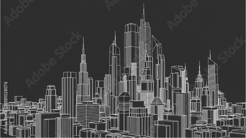 Cityscape illustration featuring modern skyscrapers and urban landscape from a high viewpoint