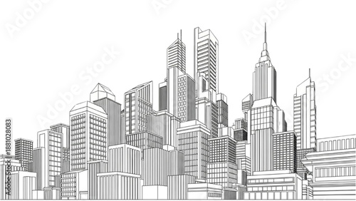 Cityscape illustration of modern skyscrapers and buildings from a low-angle viewpoint