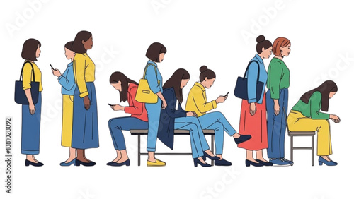 People waiting in a line using their mobile devices while standing or sitting on chairs in a public area from a side viewpoint