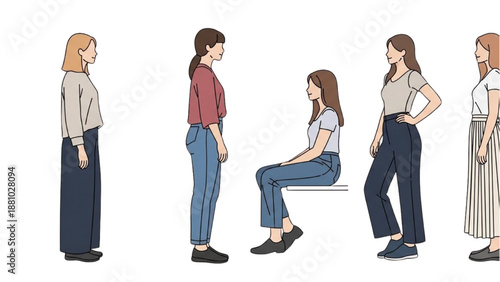 Illustration of women standing and sitting together in various poses and outfits from a side viewpoint