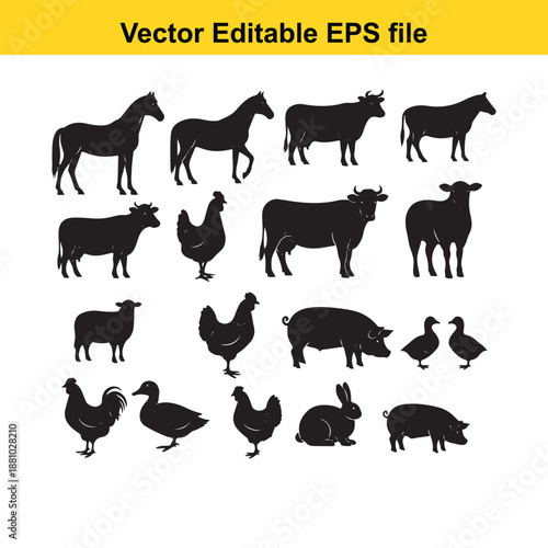  vector illustration of various farm animal silhouettes in editable eps format
