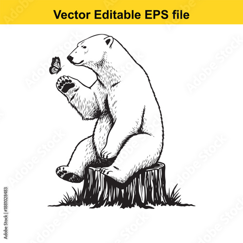  vector illustration of a polar bear sitting on a tree stump with a butterfly