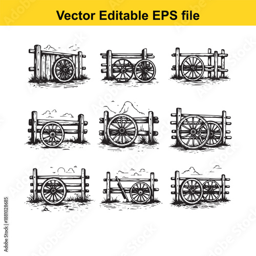  collection of vintage wooden wheelbarrows and carts in a rustic setting
