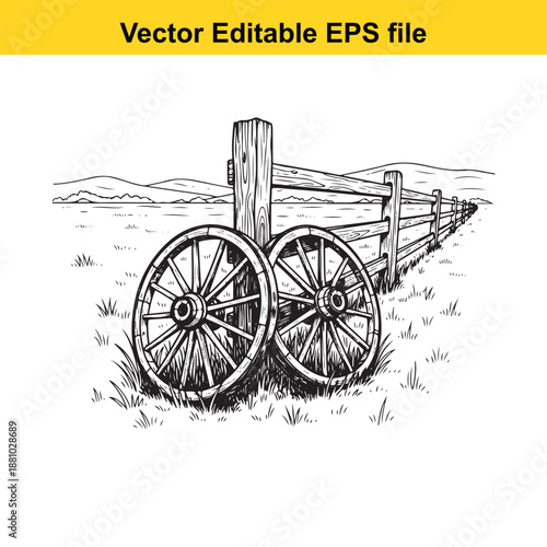  vintage wooden wagon wheel leaning on rustic fence in countryside landscape