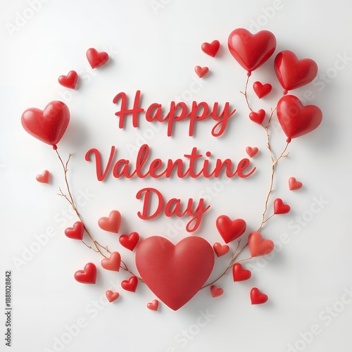 A festive Valentine's Day greeting featuring red heart-shaped balloons and decorations arranged in a circular pattern around the words Happy Valentine Day on a plain white background.