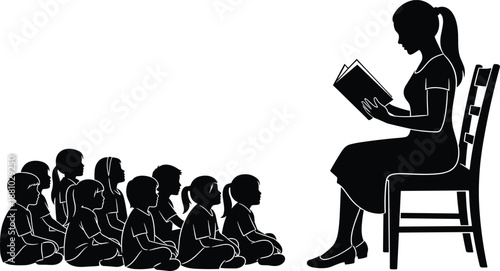 Teacher reading book to group of children sitting and listening, black silhouette illustration for education, storytelling, classroom learning, kindergarten, school library and literacy concept design
