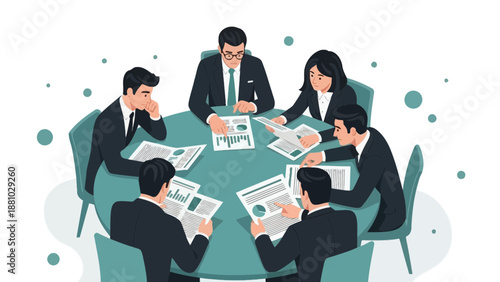 Business meeting around a round table with documents and charts, teamwork concept