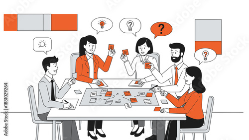 Business meeting brainstorm session with ideas and questions