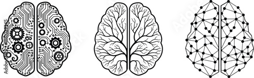 Three human brain illustrations showing technology circuits, neural branches and digital network, symbolizing artificial intelligence, neuroscience and data connectivity in modern monochrome