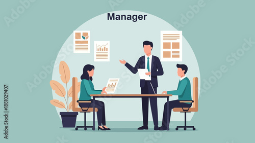 Business Meeting: Manager Leading Team Discussion with Documents and Charts