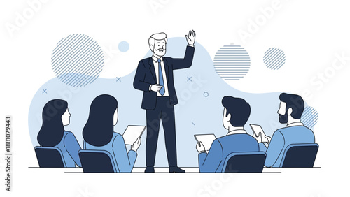 Business meeting presentation: speaker addressing audience, flat design illustration style