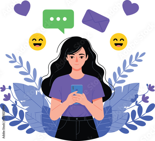 Young woman using smartphone with chat bubbles, hearts and emojis, representing online communication, social media messaging and digital love in colorful flat vector illustration