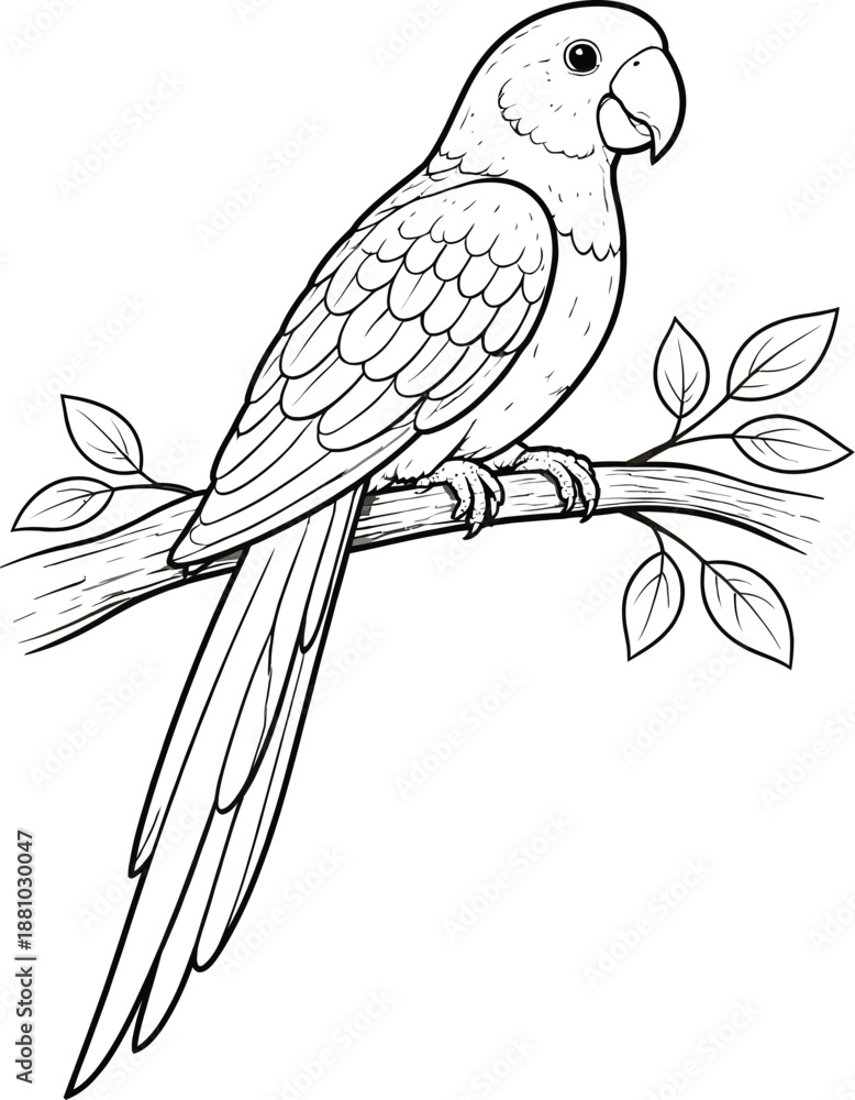 Fototapeta premium Black and white of a parrot on a branch leaves bird
