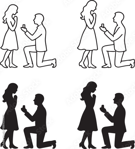 Isolated proposal on one knee silhouette, man proposing woman, romantic engagement vector, proposal silhouette icon, isolated minimal vector, love proposal illustration