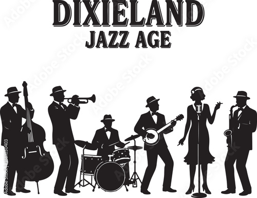 Black and white silhouette of a jazz band playing instruments with Dixieland Jazz Age text above also transparent background