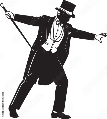 Black and white silhouette of a man in a hat and tuxedo holding a cane while dancing also transparent background