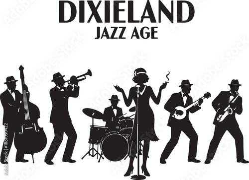 Black silhouettes of jazz musicians performing with instruments and a singer in front of text Dixieland Jazz Age also transparent background
