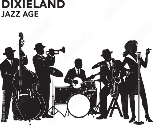 Black and white silhouette of a jazz band playing instruments with text Dixieland Jazz Age also transparent background