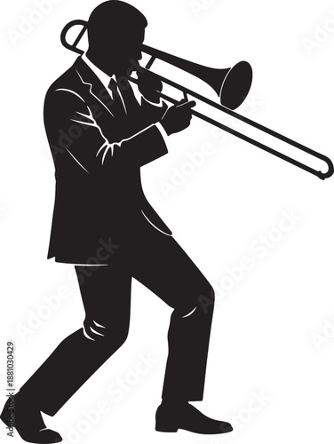Black silhouette of a man playing a trombone in a suit also transparent background musician